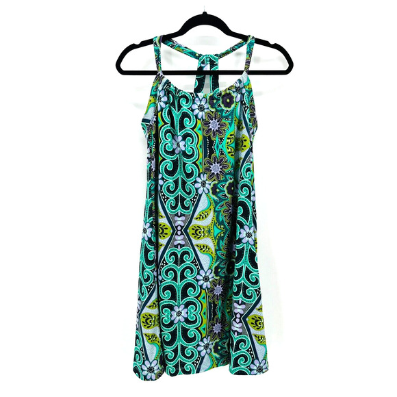 prAna Quinn Dress Womens M Paisley Teal Geometric Halter Shelf Bra Summer Beach - Picture 1 of 9